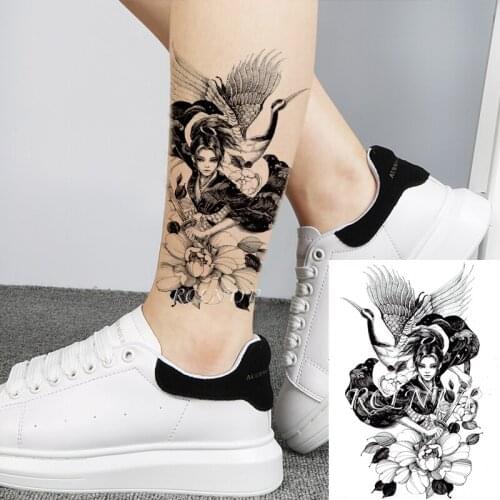 Waterproof Temporary Tattoo Sticker Red-crowned Crane Sword Japanese Style Warrior Fake Tatto Flash Tatoo Art for Women Men