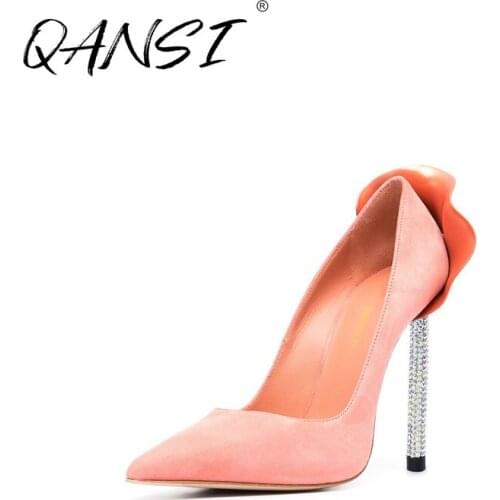 Handmade Customize Suede Point Toe Womens Pumps Wedding Dress Pink Stain Pumps Slip on Cover Heel Petal Stiletto Pumps Spring