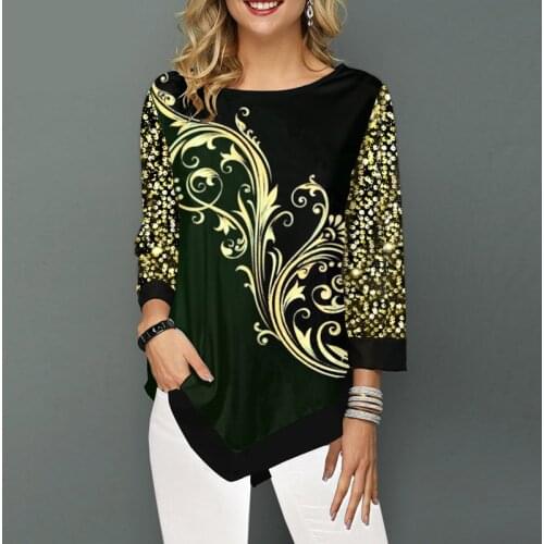 Women Blouse Shirt Patchwork Tops Long Sleeve Round Neck Elegant Female Print Shirts Casual Loose Tee Shirt Plus Size 5XL