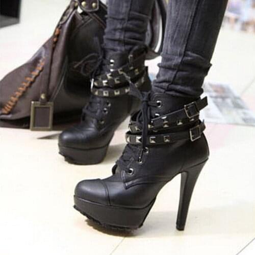 OLOMLB Women Ladies PU Leather Lace Up Belt Buckle Platform Stud Rivet Shoes Super High Heel Ankle Boots Punk Motorcycle Black