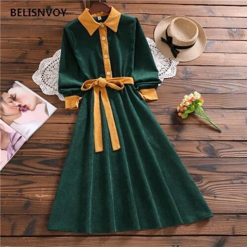 Women Green Retro Autumn Winter Dresses Female Corduroy Vintage Patchwork Knee-Length Office Lady Dresses Chic Elegant Vestidos