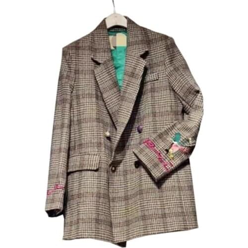 Women Plaid Blazers Suit Ladies Autumn plaid embroidery in the long paragraph loose retro plaid woolen suit jacket female