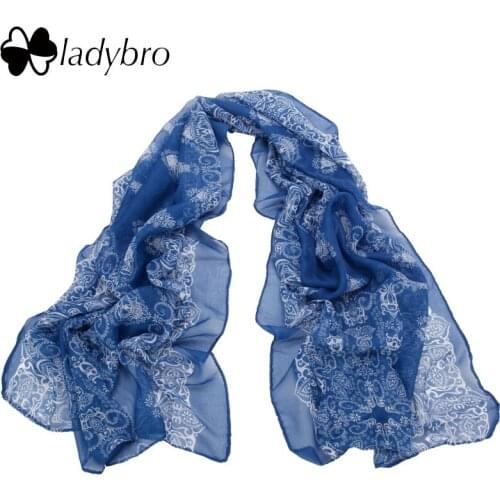 Ladybro 160*70cm Spring Autumn High quality Chiffon Scarf For Women Blue and White Porcelain Style Thin Silk Scarf Female Shawl