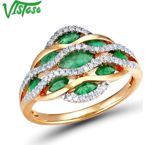 VISTOSO Genuine 14K 585 Yellow Gold Magic Emerald Shiny Diamond Ring For Lady Engagement Anniversary Luxury Elegant Fine Jewelry