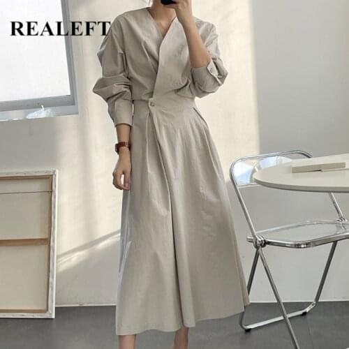 REALEFT 2021 Womens Vintage Dress Autumn Spring Korean OL Style Solid V Neck Long Sleeve High Waist Ladies Long Dress Female