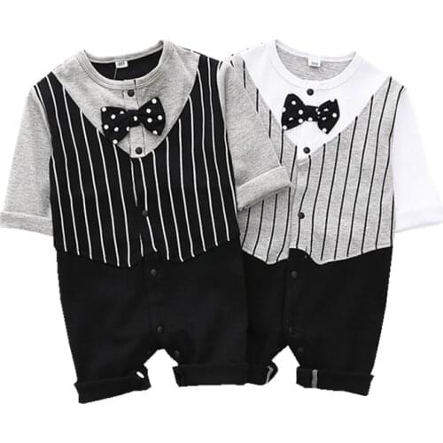 2020 Baby Wedding Suits Long Sleeve Baby Boy One Piece Formal Striped Tie Grey Suits Toddler Boys Gentleman Long Jumpsuit