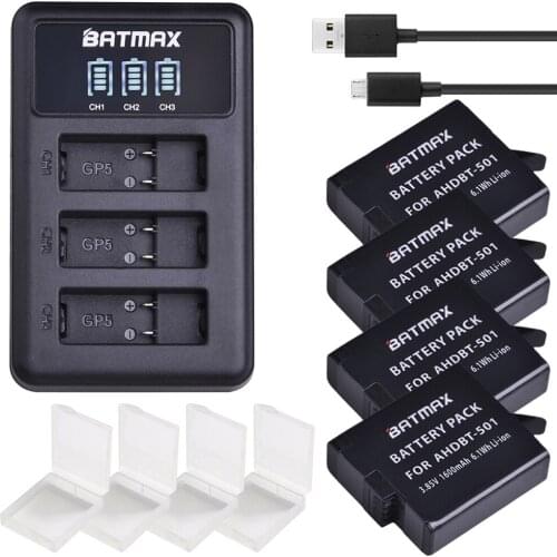 4pcs AHDBT-501 for Gopro 7 Battery+LED USB 3Slots Charger with Type C port for Gopro hero 5 hero 6 Gopro 8 Action Camera