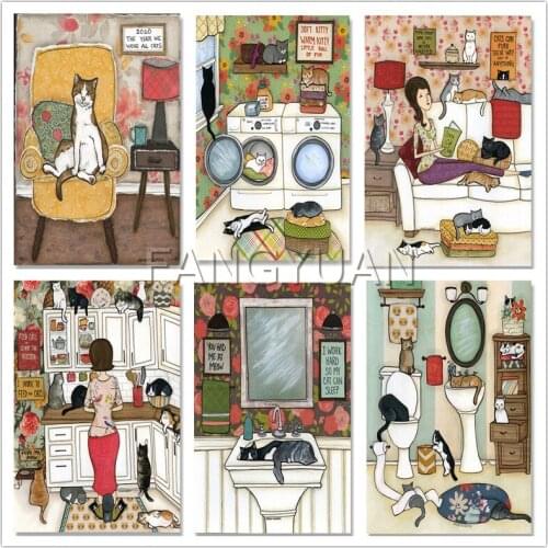5d Diy Diamond Painting Funny Black Cats Lady Laundry Room Posters Diamond Mosaic Embroidery Cross Stitch Kits Home Decor Gift