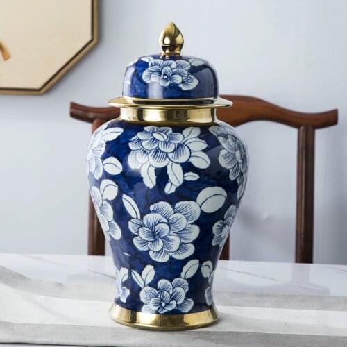 Antique Royal Handpainted Blue and white Ceramic Golden General Tank Vase Fortune Hat-covered Ginger Jars Ornament Creative Gift