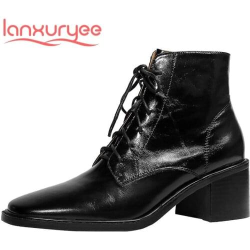 Lanxuryee genuine leather square toe high heel Chelsea boots gladiator vintage top quality handmade cross-tied ankle boots L3f2