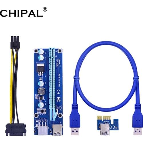 CHIPAL 100CM 60CM VER006C PCIE 1x to 16x Extension Cable PCIE Riser Card + USB 3.0 Cable / 6Pin Power Supply for BTC LTC Miner