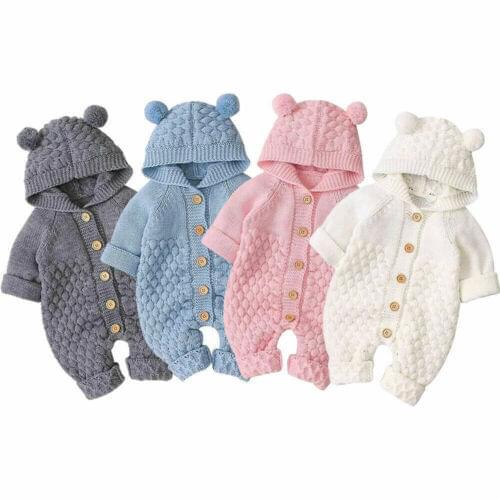 Autumn Baby Girls Knitted Hooded Clothes Cotton Spring Infant Kids 3D Ear Romper Long Sleeve Bodysuits Sunsuits Outfits 0-24M