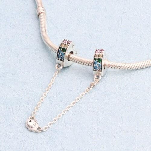 Hot Sale 100% 925 Sterling Silver Fashion colorful love arc rainbow safety chain Charms Fit Bracelet DIY Bead for Jewelry Making