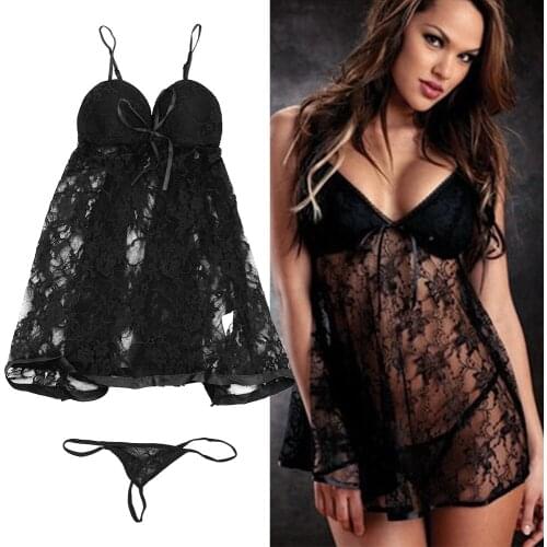 VATINE Erotic Lingerie Plus Size Exotic Apparel Womens Dress+G-string Sexy Pajamas Suit Lace Babydolls &Chemises