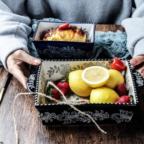 European Style Dinnerware Baking Tray Ceramic Double Handle Baking Tray Dinner Plate Rectangular Soup Plate Fruit Salad Plate