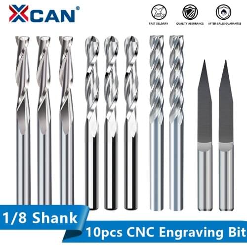 XCAN Milling Cutter 10pcs 1/8 Shank CNC Engraving Bit Ball Nose End Mill 3 Flute Flat Milling Bit CNC Router Bit Milling Tool