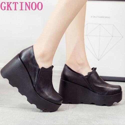GKTINOO 2020 High Wedges Platform Pumps For Women Genuine Leather High Heels Platform Round Toe Pump Womens Shoes Zapatos Mujer