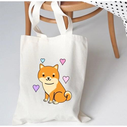 Women Canvas Shoulder Bags Shiba and Corgi Love Printed Shopping Bags Casual Cloth Tote Schoolgirl Eco Bag Lady Shopper Bags