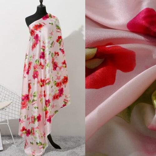 108CM Wide 19MM Red Floral Print Stretch Silk Satin Fabric for Summer Long and Short Dress Shirt Pants Y023