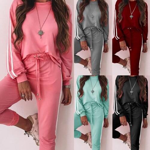 Summer Ladies Sweat Suit Set Stripe Jogging Femal Two Piece Sets Round Neck Top High-Waist Lace-Up Trousers Ladies Sportswear