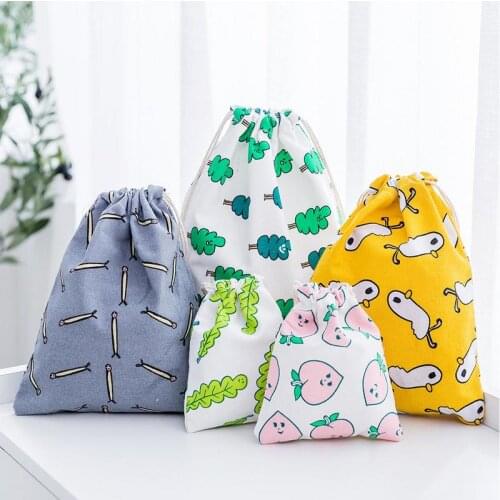 Cartoon Cotton And Linen Bundle Pockets Drawstring Travel Storage Bag Printing Candy Gift Bag Cosmetic Organizer