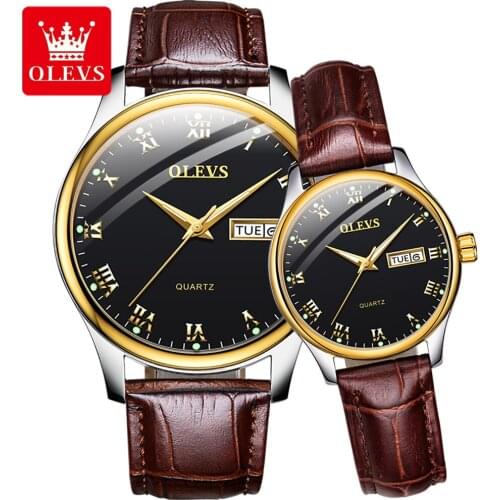 OLEVS Brand Couple Watch Top Luxury Quartz Mens and Womens Watch Fashion Luminous Clock Calendar Leather Watch Reloj Hombre