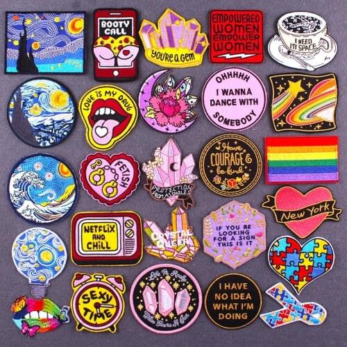 Van Gogh Stripes Applique Patches DIY Cartoons Gem Embroidery Patches for Clothing Love Heart Patch Iron on Patch on Clothes