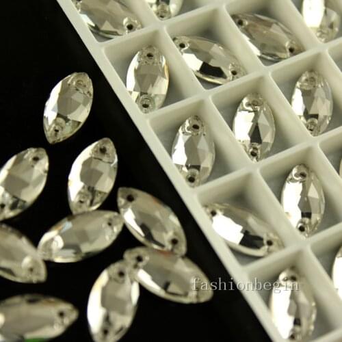 Navette Navette Shape Crystal Clear Glass Sew On Rhinestone Silver Back Sewing on Stones With 2 Holes For Garment Decorate