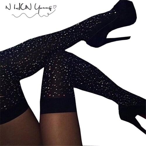 Womens Socks Student School Cotton Socks Bling Glitter Over Knee Socks Long Boot Fashion Rhinestones Harajuku Hip-hop SW066