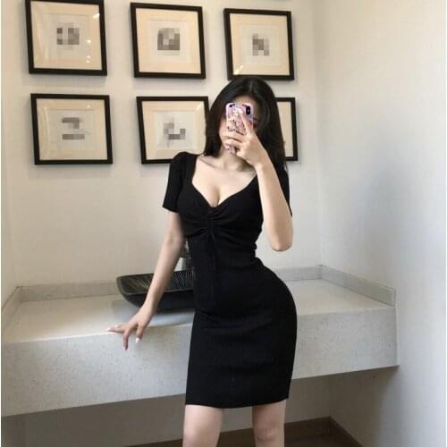ZC2907 Spring 2021 new women fashion retro Sexy V-neck slim wrap hip knitted short-sleeved dress cheap wholesale