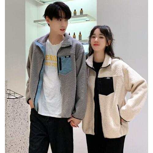 2020 new lovers' autumn/winter lamb feather thickened coat Korean version trend student loose casual coat couples clothes
