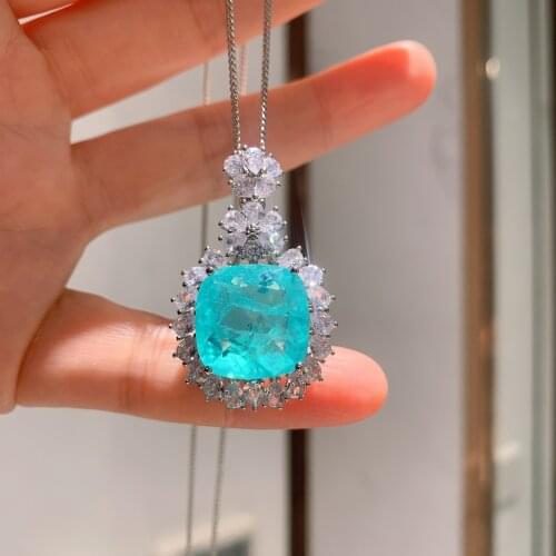 QTT Elegant Chain Necklace For Women 925 Sterling Silver Square Paraiba Emerald Tourmaline Gemstone Fine Jewelry
