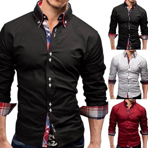 Men Shirts Solid Plaid Patchwork Men Slim Turn Down Collar Long Sleeve Top Formal Male Social Single-breasted Shirt Plus Size