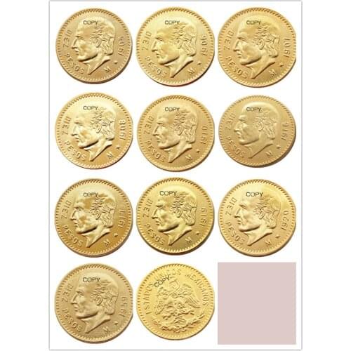 Mix Dates(1905-1959) 10pcs Mexico 10 Pesos Gold Plated copy coin