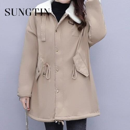 Sungtin Vintage Lambs Wool Winter Warm Parkas Coat Women with Fur Collar Adjustable Waist Loose Jacket 2021 Thicken Overcoats