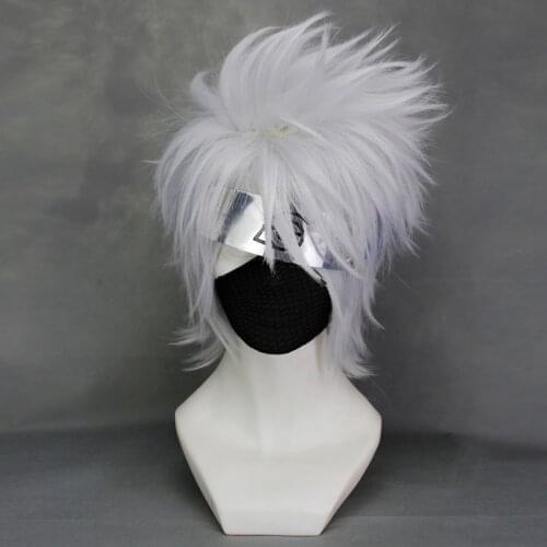 Top Quality Hatake Kakashi Silver White Short Shaggy Layered Cosplay Anime Wig Only + Wig Cap