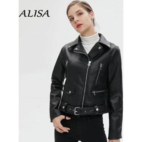 New 2021 Streetwear Faux Leather Jacket for Women Slim Rivet Black Biker Moto Leather Coat Ladies with Belt PU Outwear