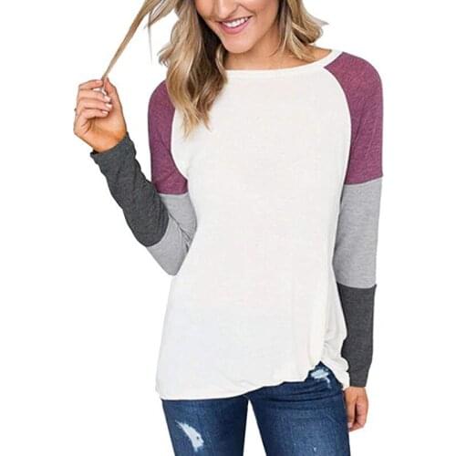 Long Sleeve Splicing round neck Long Womens T-Shirts Spot in Autumn and Winter solid block Casual Knitted Print