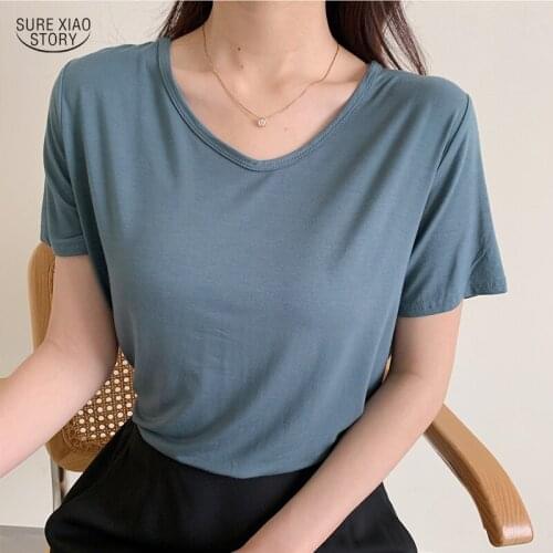 2021 Summer Cotton Short Sleeve Blouse Women Casual Solid V Neck Pullover Shirts for Women Plus Size Loose Ladies Tops 9262 50
