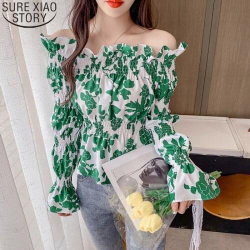 Womens Short Chiffon Blouse Print Clothes 2021 Autumn New Sweet French Style Off Shoulder Floral Shirt Long Sleeve Tops 15999