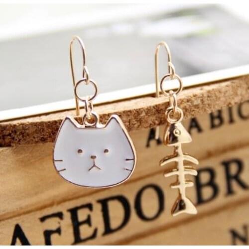 New Cute Asymmetric Cat Fish Earrings Enamel Kawaii Kitten Fishbone Earrings For Women