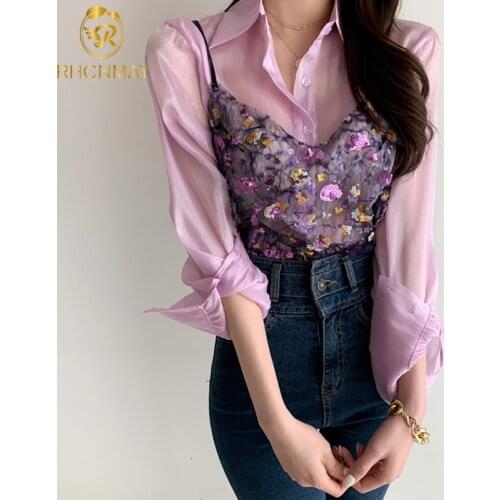 Retro Women Sets Vintage Chiffon Shirt + Sequins Condole belt Suits Female Summer White Shirt 2piece Set Matching Sets Clothing