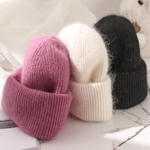 2021 Fashion rabbit fur winter hat for Girl Angora Solid Warm Woolen Knitted Hat ladies skullies beanies Female bonnet knit ha