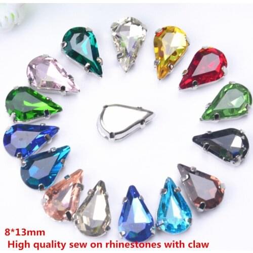 Free shipment 8x13mm 25Pcs/Lot Sew on Teardrop Pear Crystal Fancy Stone with 4 Holes Metal Claw Setting
