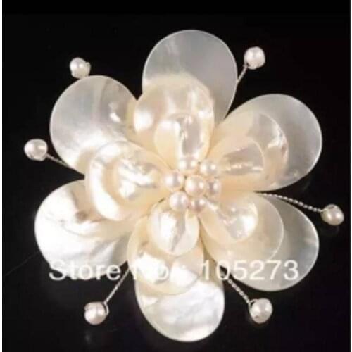 White Sea Shell Flower Petal Real Pearl Center Pin Large Brooch Handmade