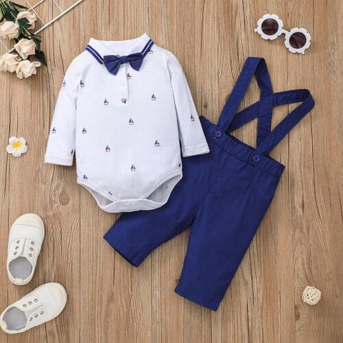 Autumn New Babys Sets Boys Fashion Turn-Down Collar Rompers + Pants 2PCS Bow Tie Infant Overalls Suits Kids Outfits