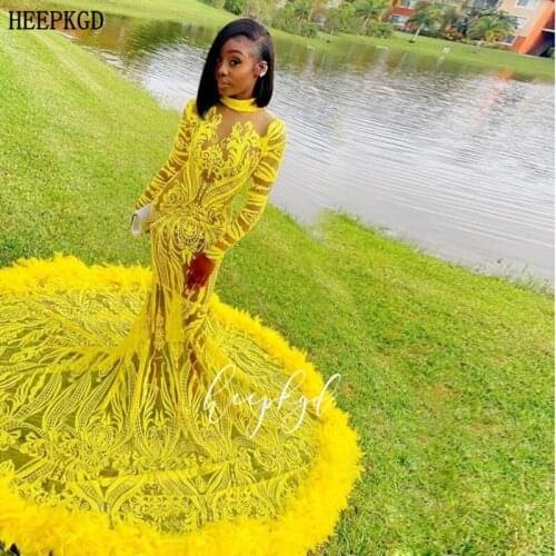 Graceful Yellow Lace African Evening Dresses With Feathers Long Sleeves Mermaid Black Girls Special Occasion Dress Plus Size