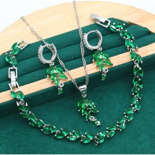 Classic Leaf Shaped Green Zircon Silver Color Jewelry Set for Women Wedding Bracelet Earrings Necklace Pendant Christmas Gift