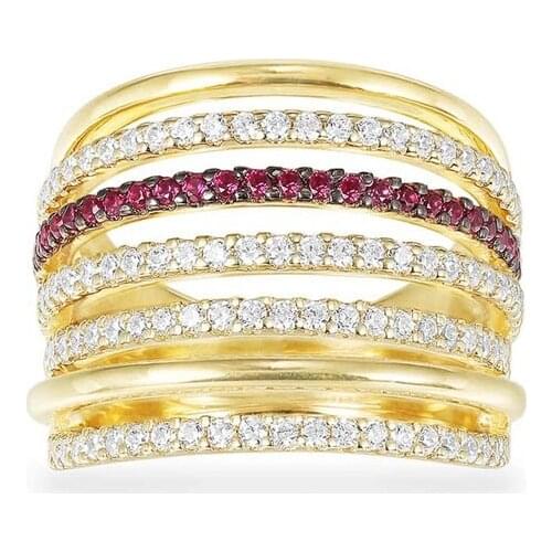 SLJELY August New 925 Sterling Silver Yellow Gold Color White & Burgundy Red Cubic Zirconia 7 Hoop Circles Finger Ring for Women