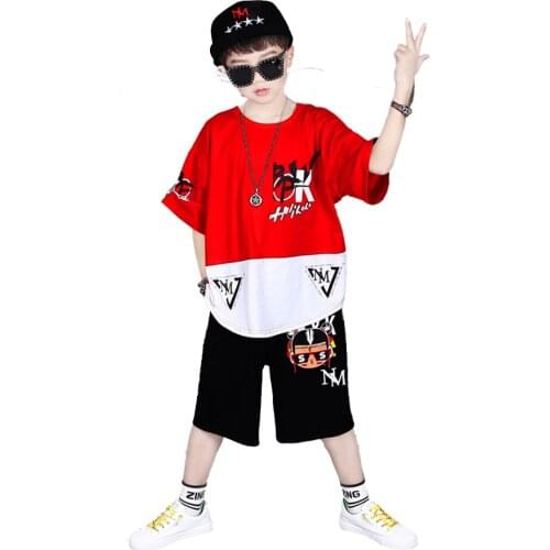 Fashion Childrens Clothing Suit Boys Short-Sleeved Loose Korean Version Of The Big Kids Two-Piece Hip-Hop Sportswear